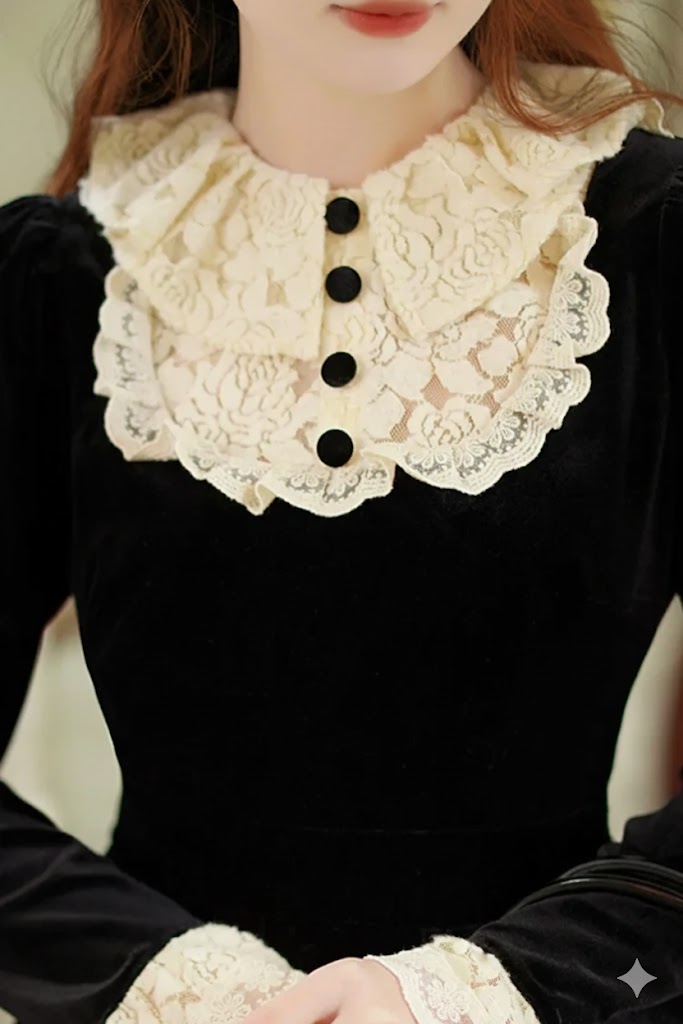 Gothica Parisian Black Velvet Dress Vintage Victorian Style Lace Ruffles Collar Flare Sleeve Elegant Lady Midi Dresses Woman