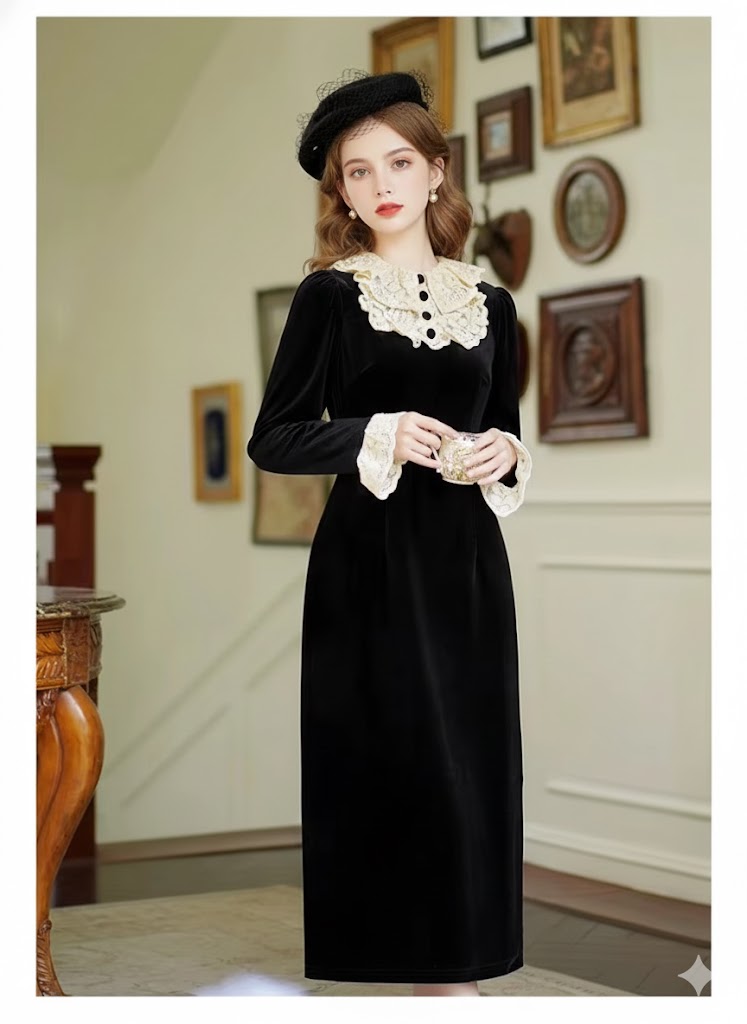 Gothica Parisian Black Velvet Dress Vintage Victorian Style Lace Ruffles Collar Flare Sleeve Elegant Lady Midi Dresses Woman