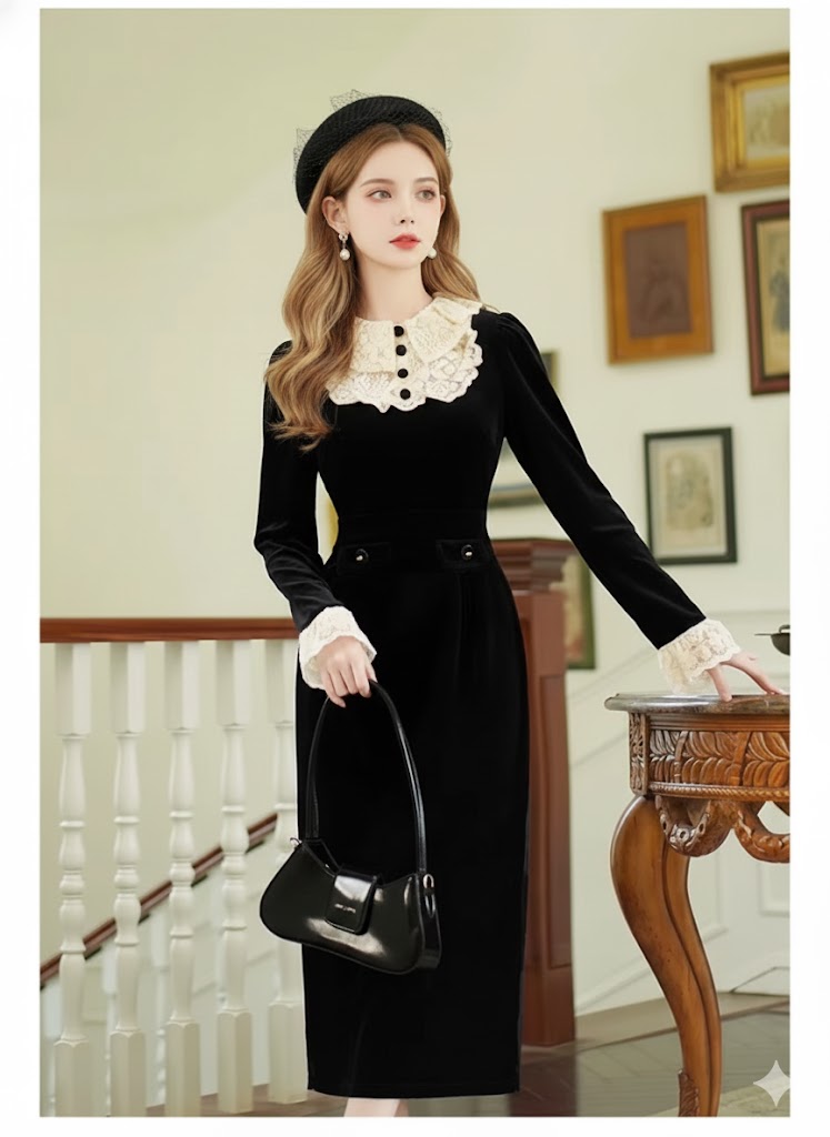 Gothica Parisian Black Velvet Dress Vintage Victorian Style Lace Ruffles Collar Flare Sleeve Elegant Lady Midi Dresses Woman