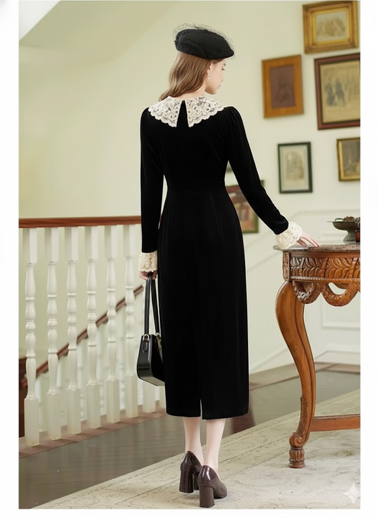 Gothica Parisian Black Velvet Dress Vintage Victorian Style Lace Ruffles Collar Flare Sleeve Elegant Lady Midi Dresses Woman