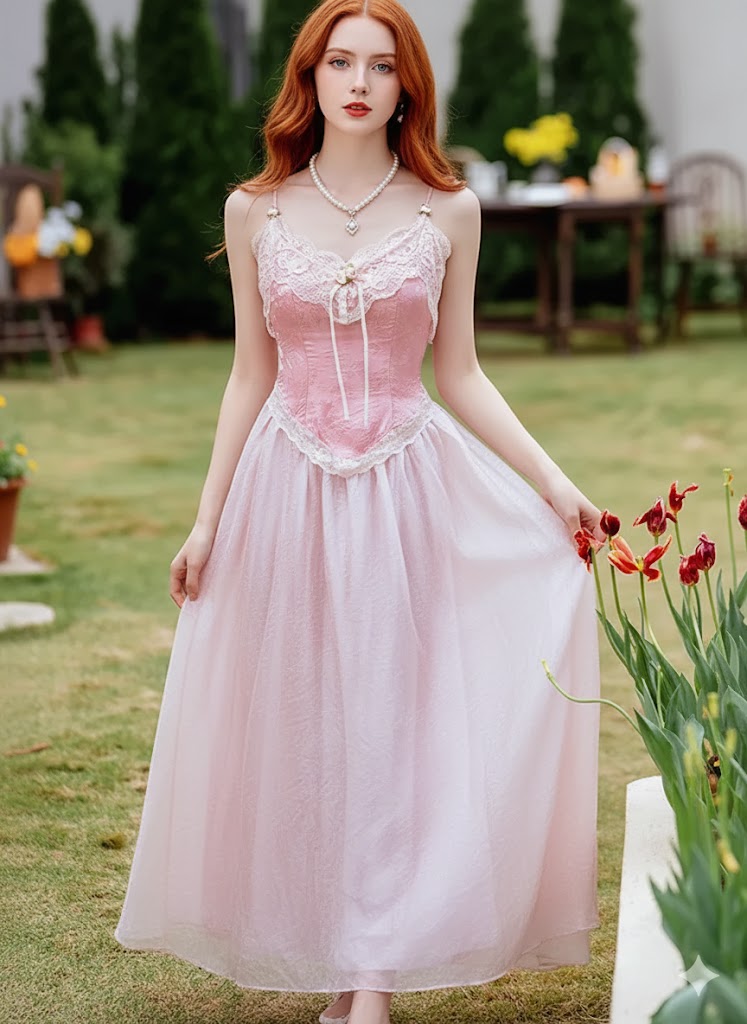 Vintage French Pink Dresses For Women Parisian Pink Jacquard Lace Sexy Spaghetti Strap Dress Party Night Robe Rose Fairy Vestidos