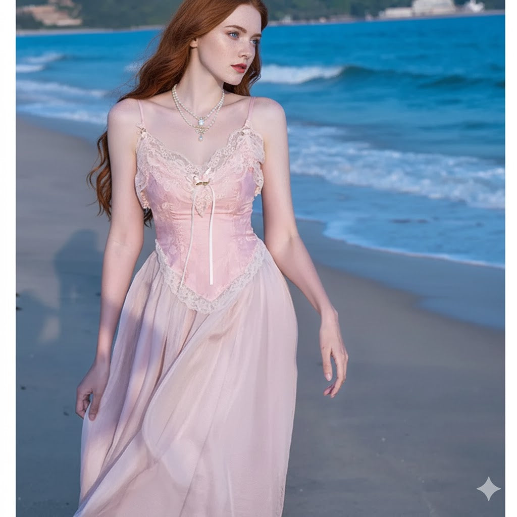 Vintage French Pink Dresses For Women Parisian Pink Jacquard Lace Sexy Spaghetti Strap Dress Party Night Robe Rose Fairy Vestidos