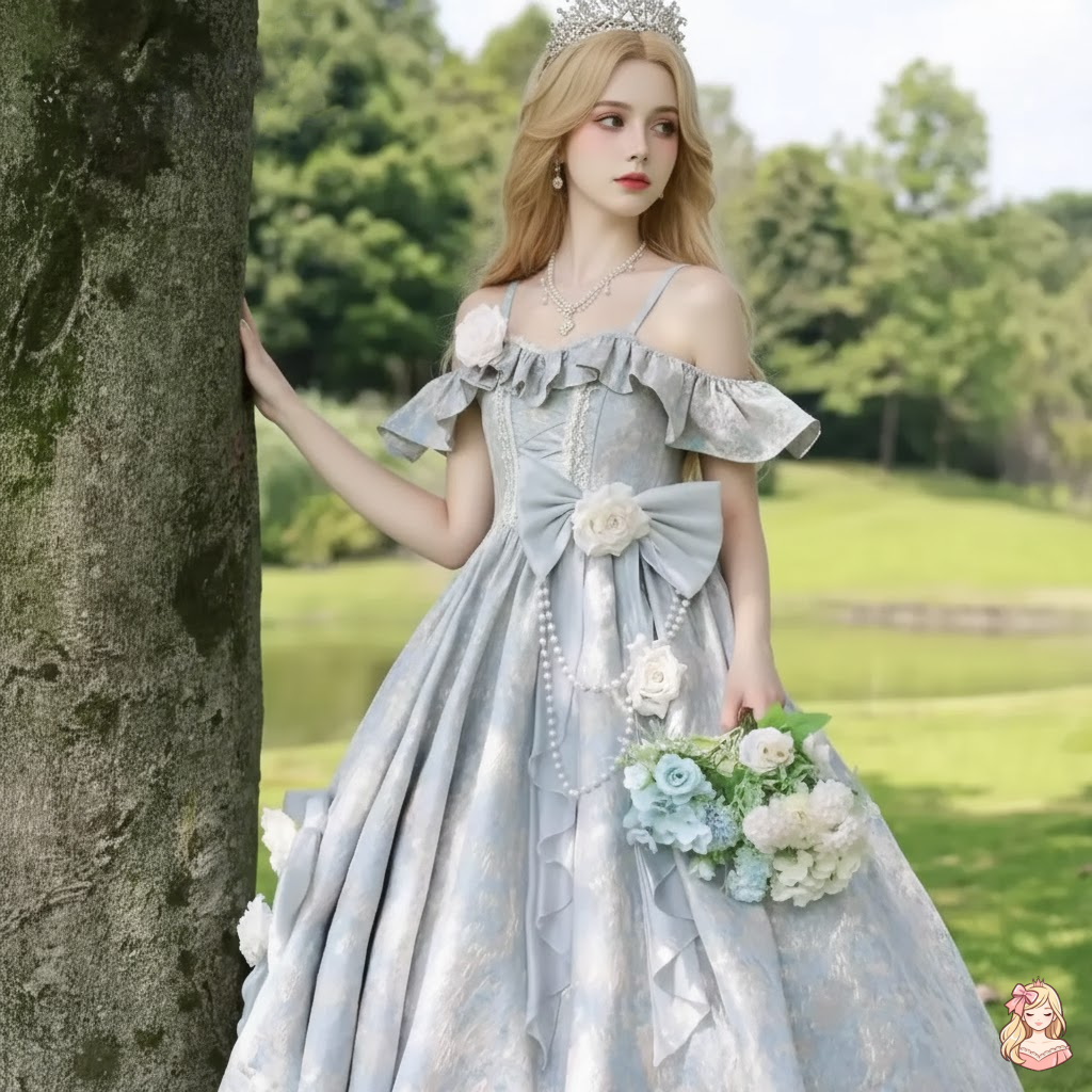 The Lumière Beaded Gown | Sweet Flower Appliqué Suspender | French Lolita Wedding Maxi | Parisian Princess