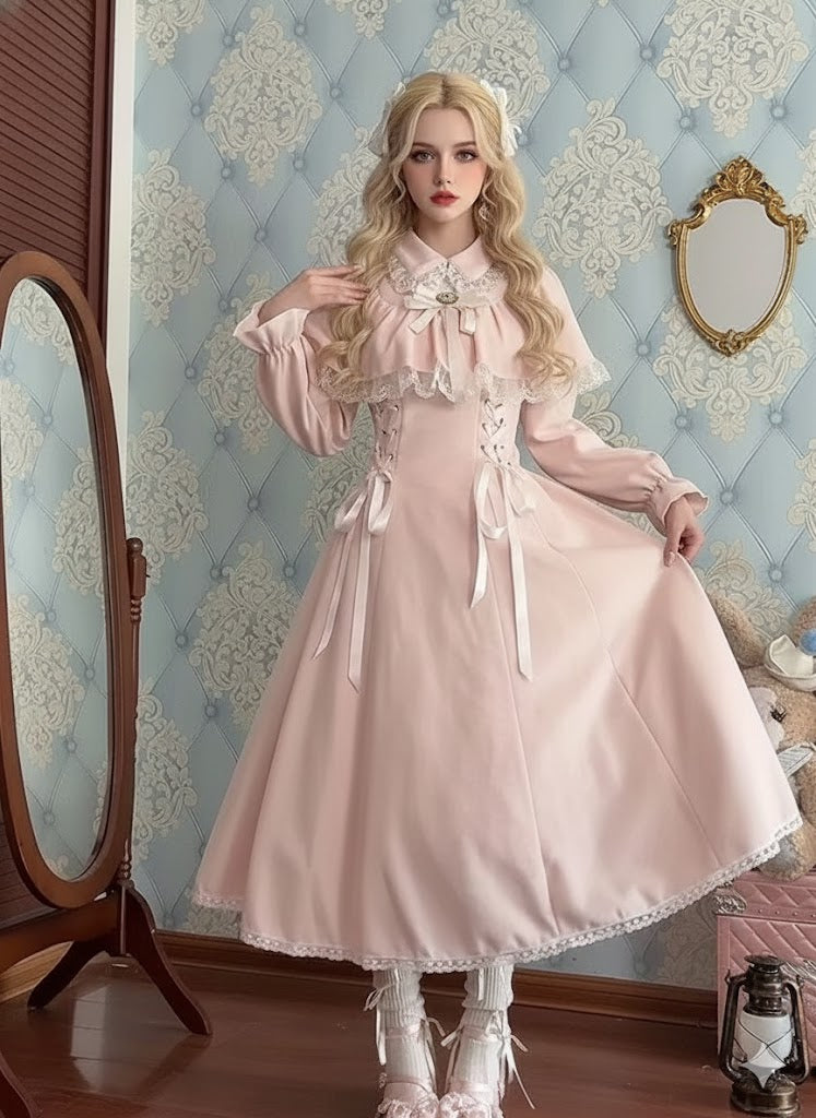 French Elegant Sweet Princess Dress Lolita Parisian Lace Bandage Dress Autumn New French Gothica Fashion Vitnage Midi Dress