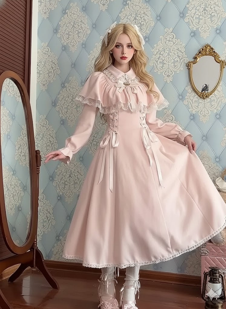 French Elegant Sweet Princess Dress Lolita Parisian Lace Bandage Dress Autumn New French Gothica Fashion Vitnage Midi Dress