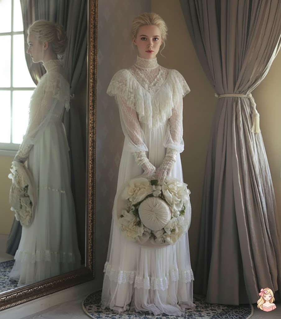 Woman in an old-fashioned white dress holding a bouquet of flowers, standing in a room with curtains and a mirror.