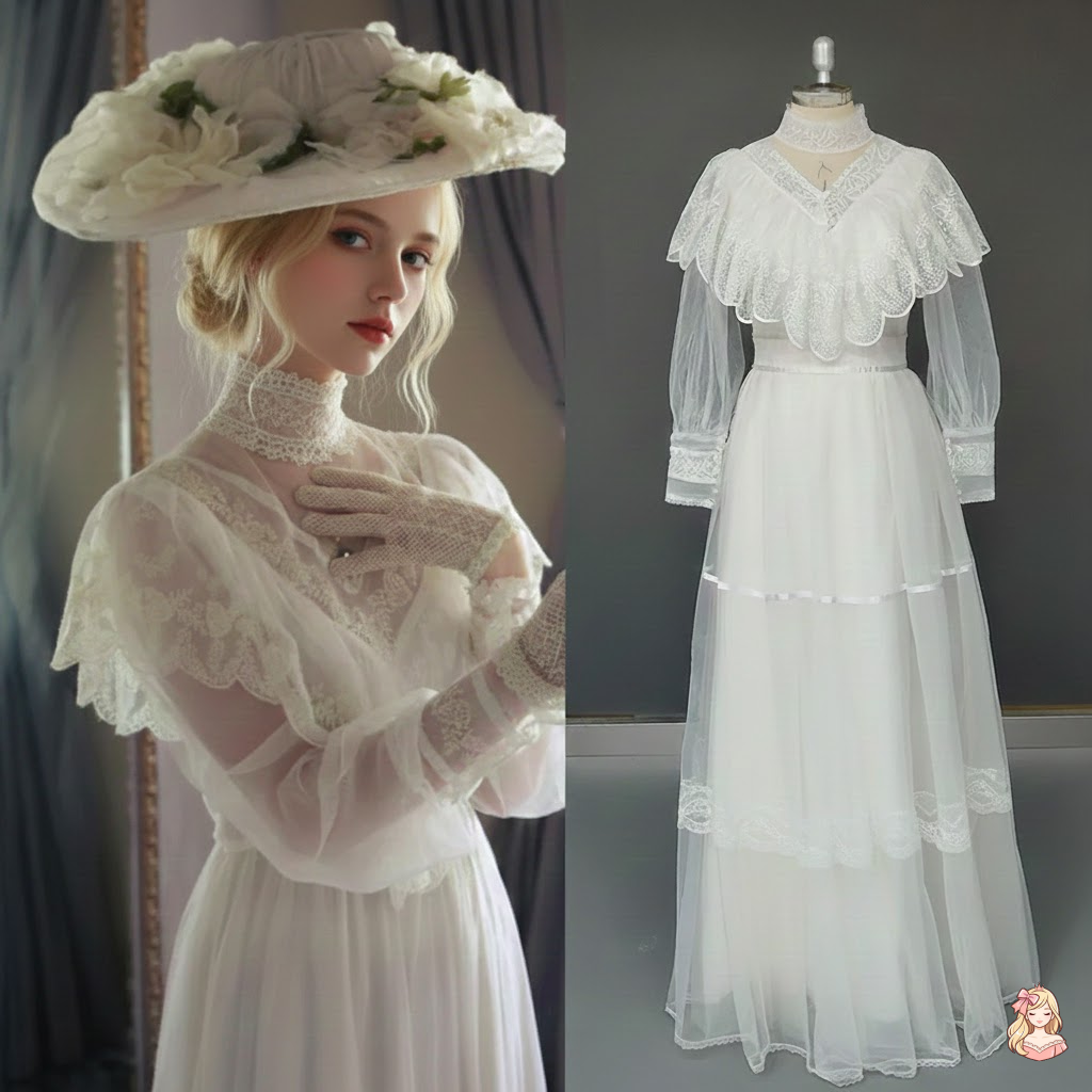 Woman wearing a vintage-style white dress and hat with a mannequin displaying the same dress.